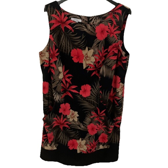 Dress Barn Dress XL Black Hawaiian Floral Knee High Midi Sleeveless Summer Beach - Picture 1 of 5